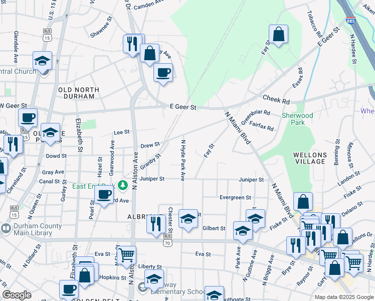 map of restaurants, bars, coffee shops, grocery stores, and more near 1502 North Hyde Park Avenue in Durham