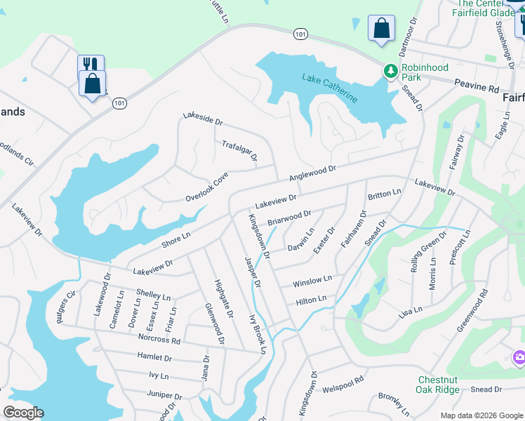 map of restaurants, bars, coffee shops, grocery stores, and more near 312 Briarwood Drive in Crossville