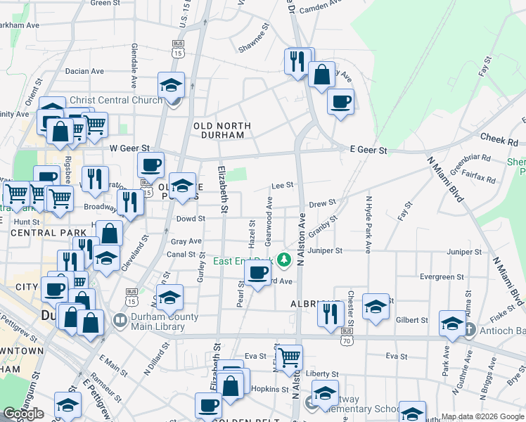 map of restaurants, bars, coffee shops, grocery stores, and more near 1209 Gearwood Avenue in Durham