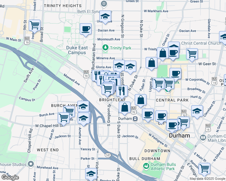 map of restaurants, bars, coffee shops, grocery stores, and more near 908 West Main Street in Durham