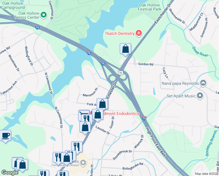 map of restaurants, bars, coffee shops, grocery stores, and more near 2200 Timberlake Avenue in High Point