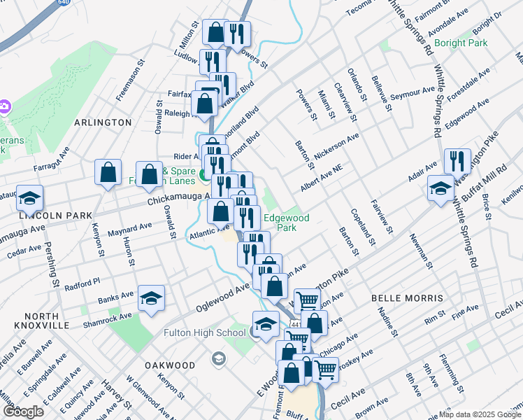map of restaurants, bars, coffee shops, grocery stores, and more near 3109 Ocoee Trail in Knoxville