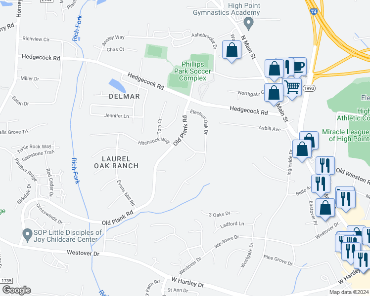map of restaurants, bars, coffee shops, grocery stores, and more near 521 Brummell Lane in High Point