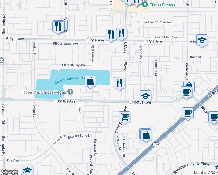 map of restaurants, bars, coffee shops, grocery stores, and more near 1050 East Cactus Avenue in Las Vegas