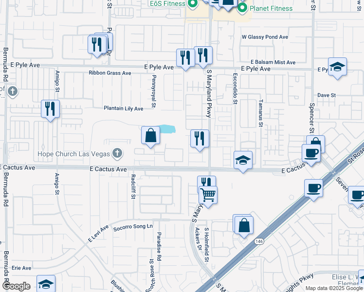 map of restaurants, bars, coffee shops, grocery stores, and more near 1050 East Cactus Avenue in Las Vegas