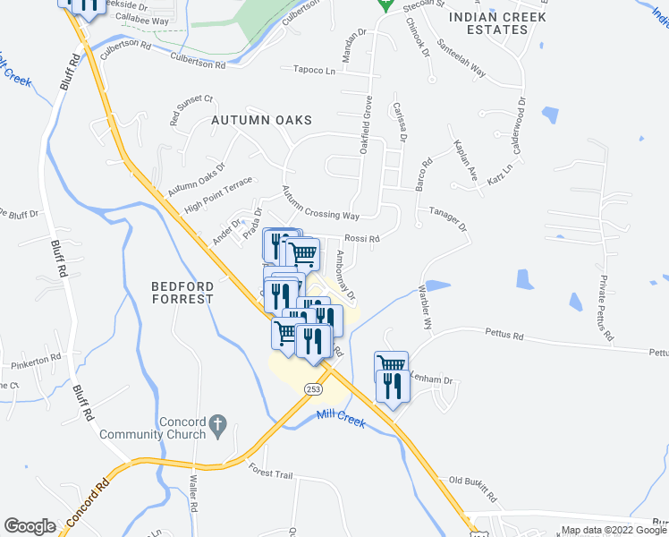 map of restaurants, bars, coffee shops, grocery stores, and more near 8730 Ambonnay Drive in Brentwood