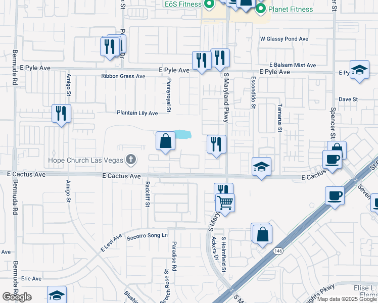 map of restaurants, bars, coffee shops, grocery stores, and more near 1050 East Cactus Avenue in Las Vegas