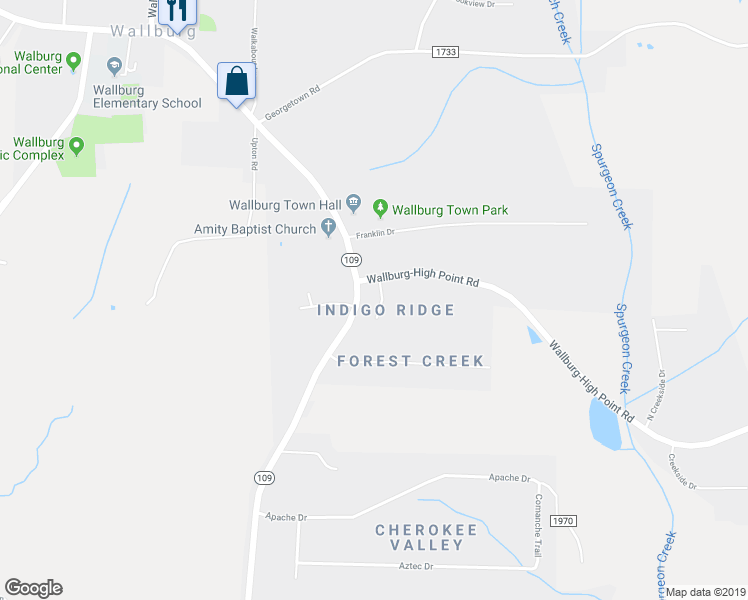 map of restaurants, bars, coffee shops, grocery stores, and more near 150 Indigo Ridge in Winston-Salem