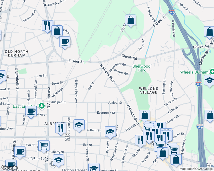map of restaurants, bars, coffee shops, grocery stores, and more near 1509 Braxton Street in Durham