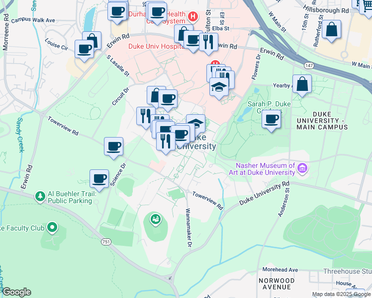 map of restaurants, bars, coffee shops, grocery stores, and more near 416 Chapel Drive in Durham