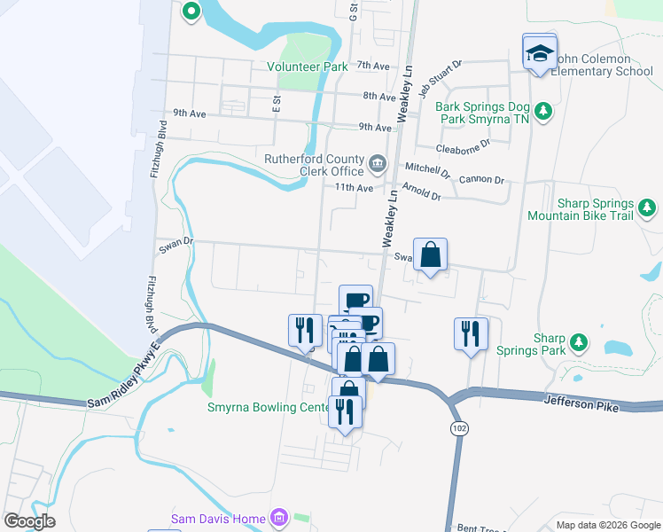 map of restaurants, bars, coffee shops, grocery stores, and more near 130 G Street in Smyrna