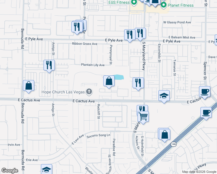 map of restaurants, bars, coffee shops, grocery stores, and more near 1050 East Cactus Avenue in Las Vegas