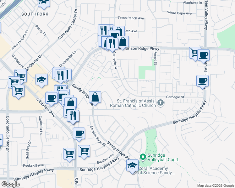 map of restaurants, bars, coffee shops, grocery stores, and more near 2460 Kaymin Ridge Road in Henderson