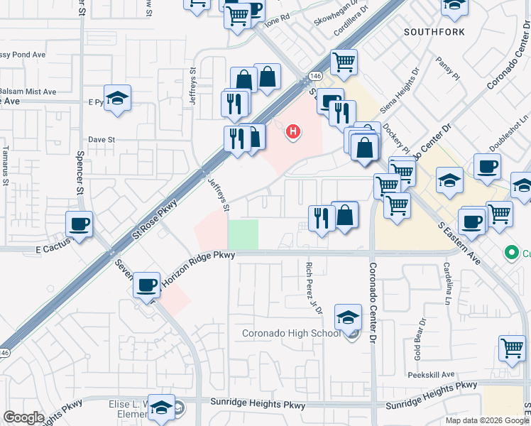 map of restaurants, bars, coffee shops, grocery stores, and more near 2951 Siena Heights Drive in Henderson