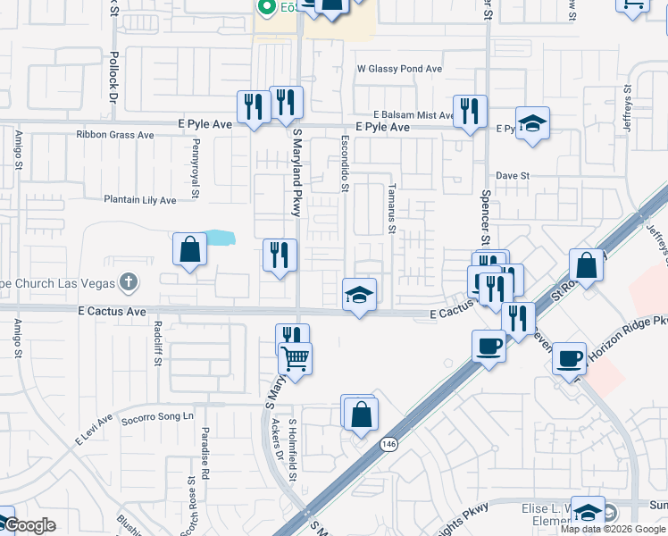 map of restaurants, bars, coffee shops, grocery stores, and more near 1289 Oak Village Avenue in Las Vegas