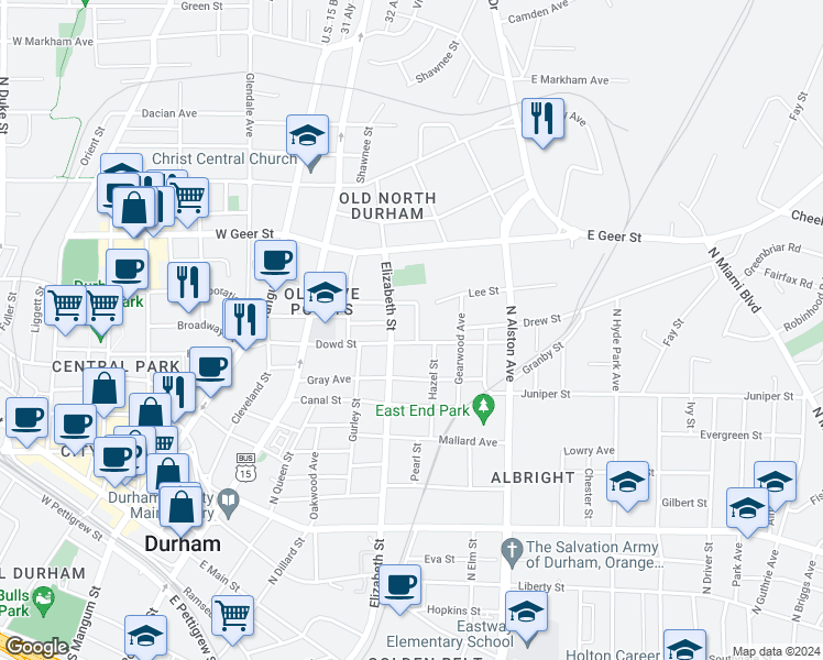 map of restaurants, bars, coffee shops, grocery stores, and more near 1317 Tucker Street in Durham