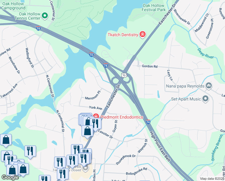 map of restaurants, bars, coffee shops, grocery stores, and more near 2200 Timberlake Avenue in High Point