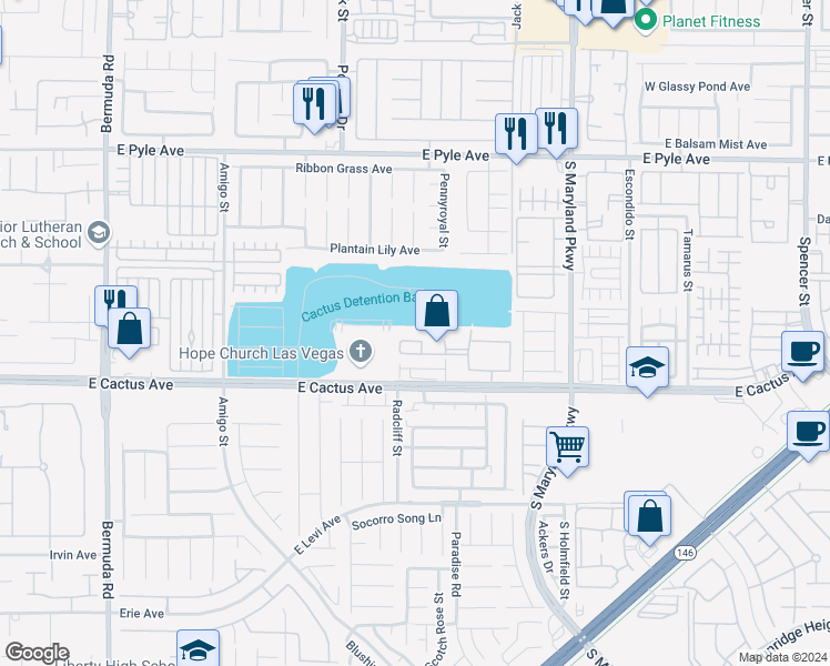 map of restaurants, bars, coffee shops, grocery stores, and more near 1050 East Cactus Avenue in Las Vegas