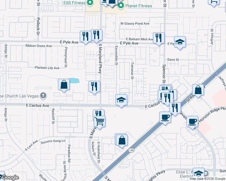 map of restaurants, bars, coffee shops, grocery stores, and more near 1324 Sun Village Avenue in Las Vegas