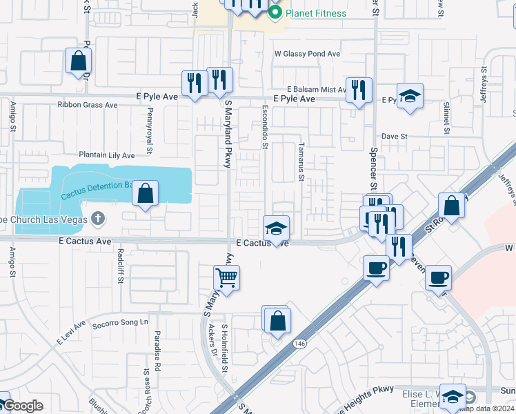 map of restaurants, bars, coffee shops, grocery stores, and more near 1324 Sun Village Avenue in Las Vegas