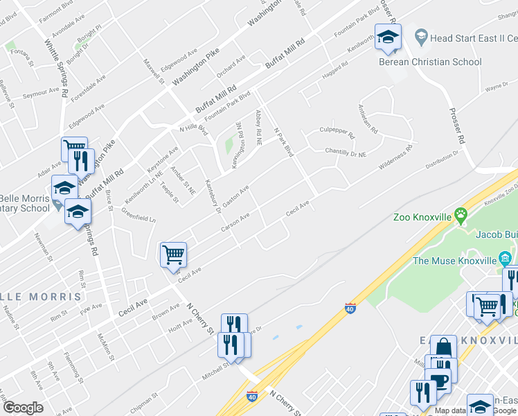 map of restaurants, bars, coffee shops, grocery stores, and more near 2098 Kennington Road in Knoxville