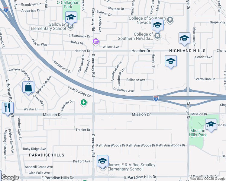 map of restaurants, bars, coffee shops, grocery stores, and more near 503 Credence Avenue in Henderson