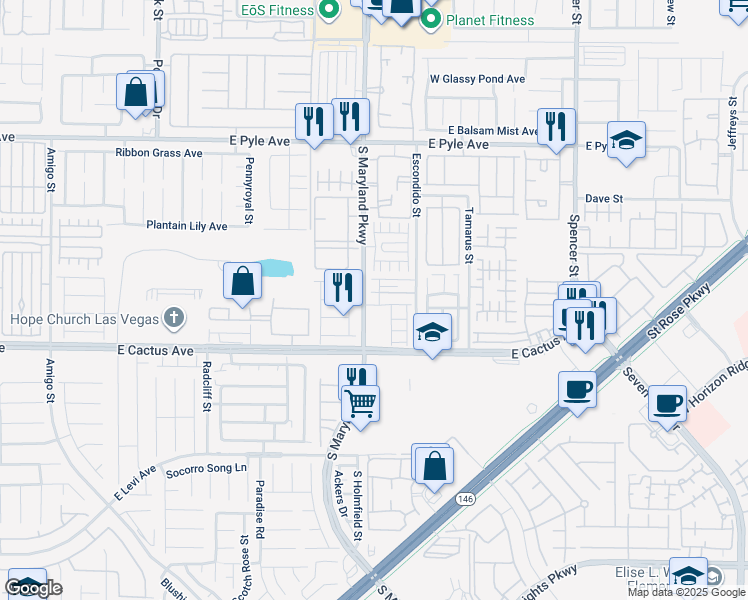 map of restaurants, bars, coffee shops, grocery stores, and more near 1228 Sun Village Avenue in Las Vegas