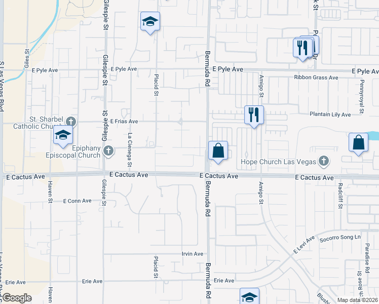 map of restaurants, bars, coffee shops, grocery stores, and more near 360 East Rush Avenue in Las Vegas