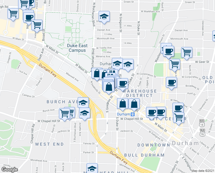map of restaurants, bars, coffee shops, grocery stores, and more near 1010 West Main Street in Durham