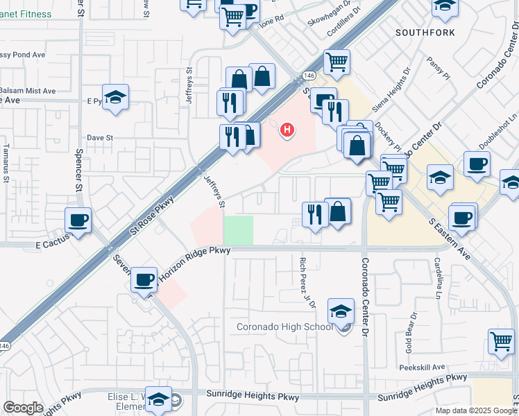 map of restaurants, bars, coffee shops, grocery stores, and more near 2951 Siena Heights Drive in Henderson