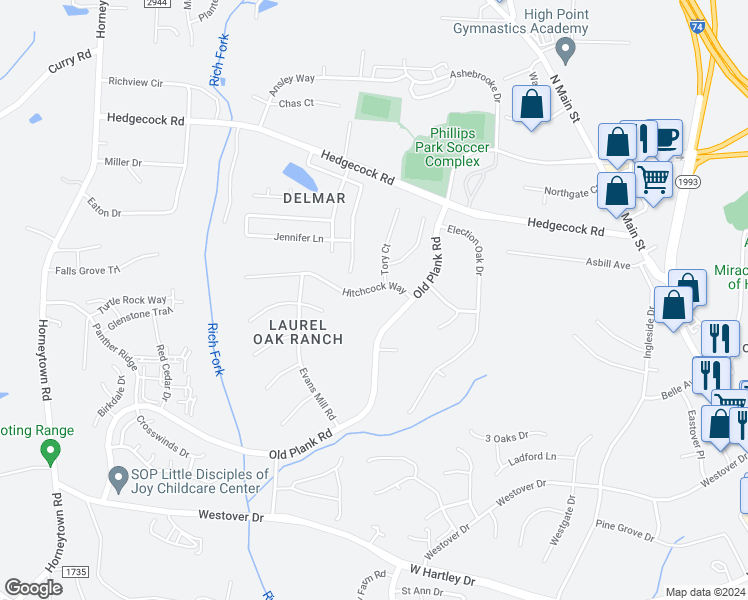 map of restaurants, bars, coffee shops, grocery stores, and more near 705 Hitchcock Way in High Point