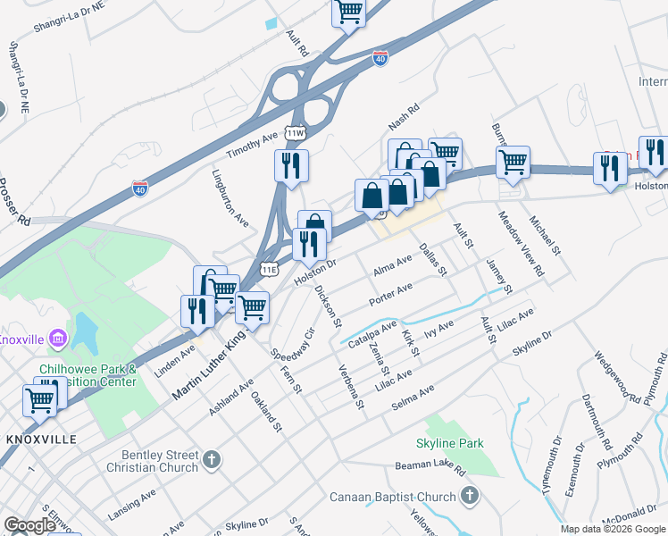 map of restaurants, bars, coffee shops, grocery stores, and more near 4121 Holston Drive in Knoxville