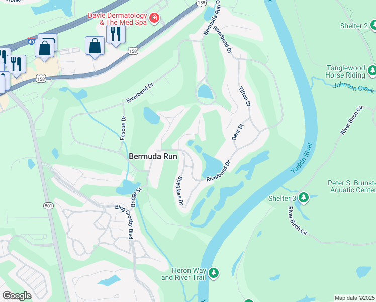 map of restaurants, bars, coffee shops, grocery stores, and more near 624 Riverbend Drive in Advance