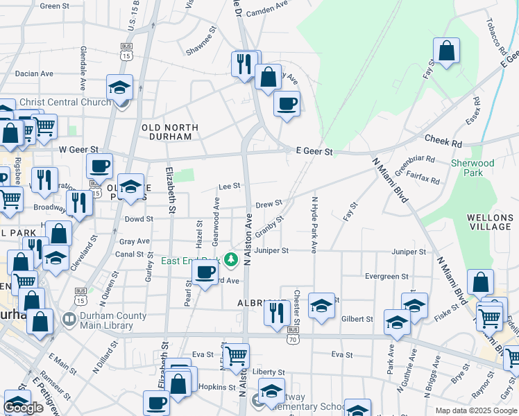 map of restaurants, bars, coffee shops, grocery stores, and more near 913 Drew Street in Durham