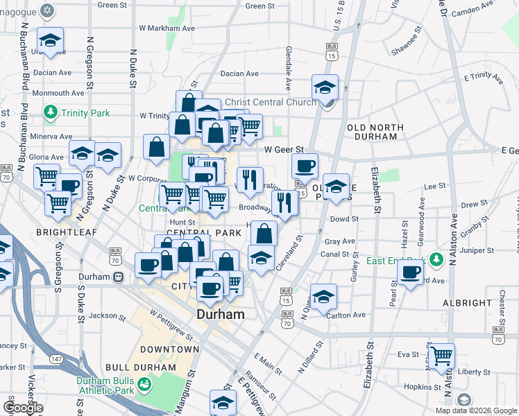 map of restaurants, bars, coffee shops, grocery stores, and more near 307 West Corporation Street in Durham