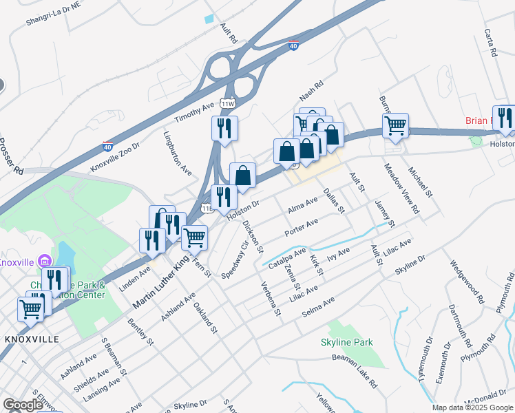 map of restaurants, bars, coffee shops, grocery stores, and more near 4121 Holston Drive in Knoxville