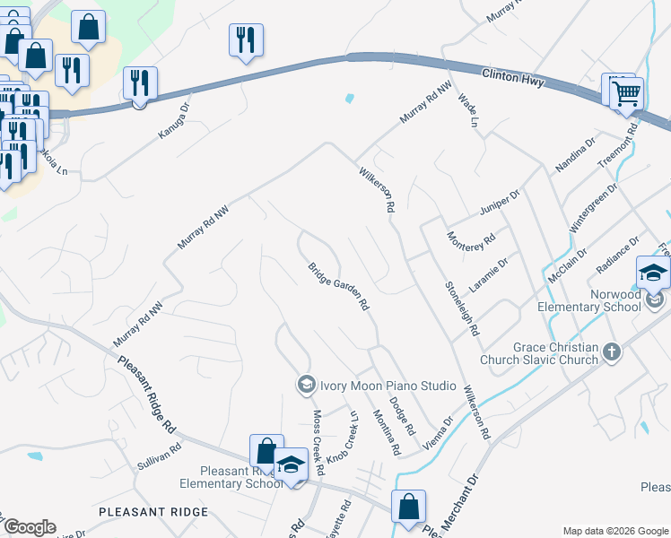map of restaurants, bars, coffee shops, grocery stores, and more near 6016 Morning Glory Place in Knoxville