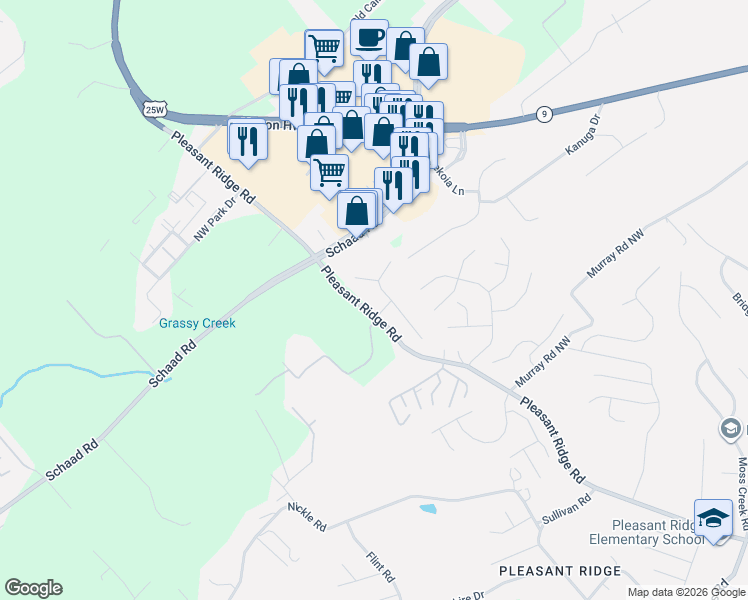 map of restaurants, bars, coffee shops, grocery stores, and more near 6511 Ridge Run Drive in Knoxville