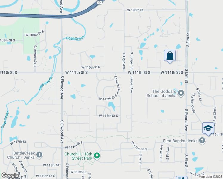 map of restaurants, bars, coffee shops, grocery stores, and more near 1245 West 112th Street in Jenks