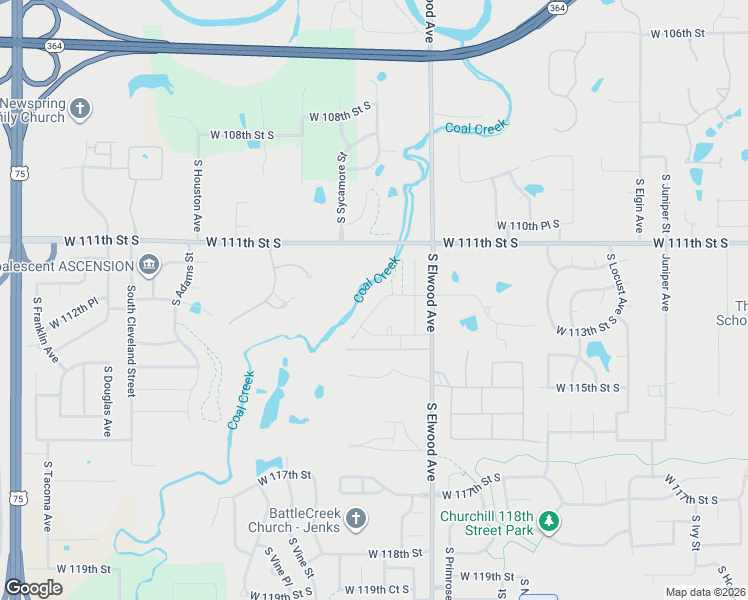 map of restaurants, bars, coffee shops, grocery stores, and more near 11206 South Tamarack Street in Jenks