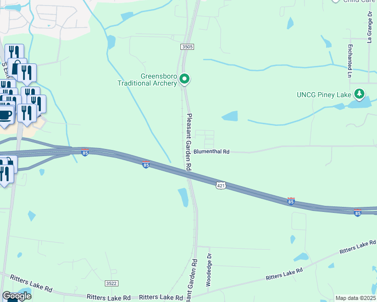 map of restaurants, bars, coffee shops, grocery stores, and more near 4198 Pleasant Garden Road in Greensboro
