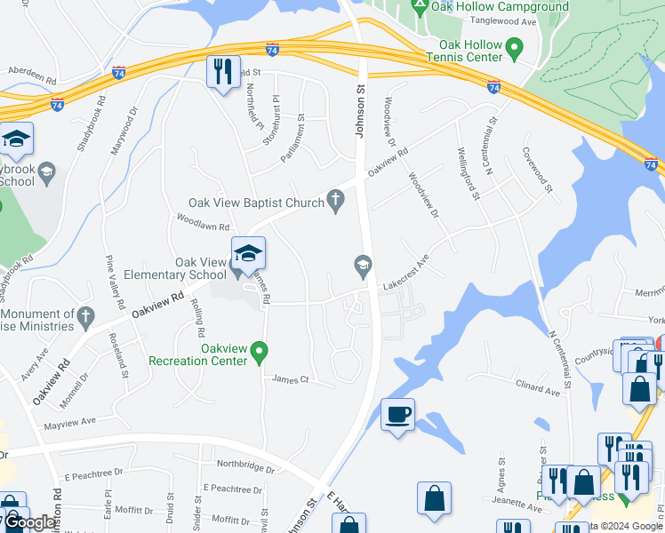 map of restaurants, bars, coffee shops, grocery stores, and more near 3218 Pipers Way in High Point