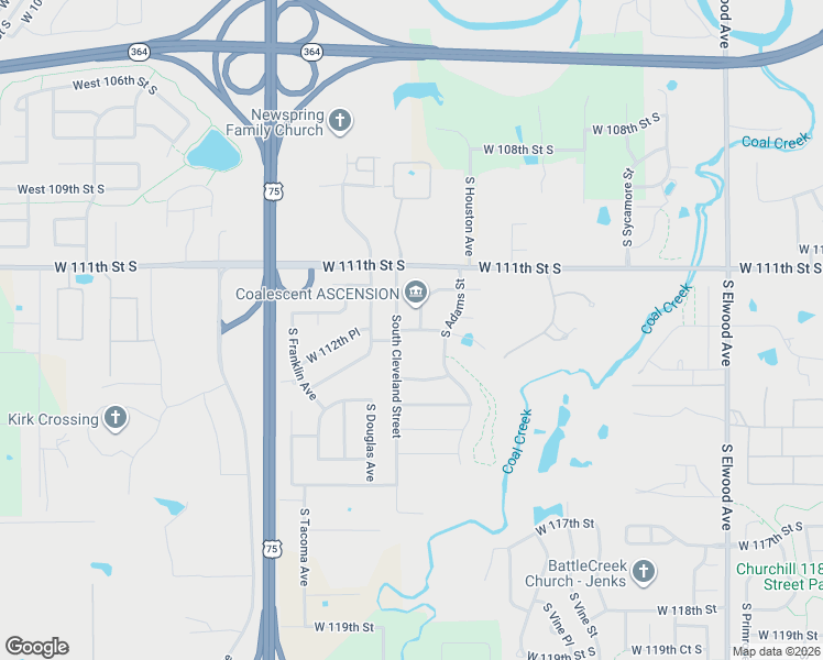 map of restaurants, bars, coffee shops, grocery stores, and more near 11128 South Buchanan Street in Jenks