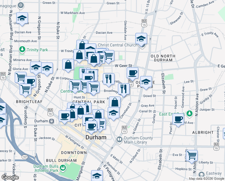 map of restaurants, bars, coffee shops, grocery stores, and more near Broadway Street in Durham