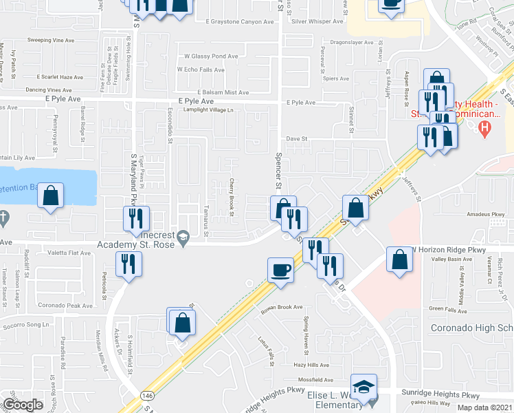 map of restaurants, bars, coffee shops, grocery stores, and more near 1675 Tristan Flower Avenue in Las Vegas