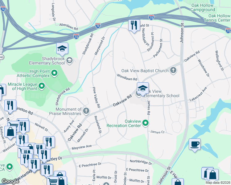 map of restaurants, bars, coffee shops, grocery stores, and more near 3410 Rolling Road in High Point