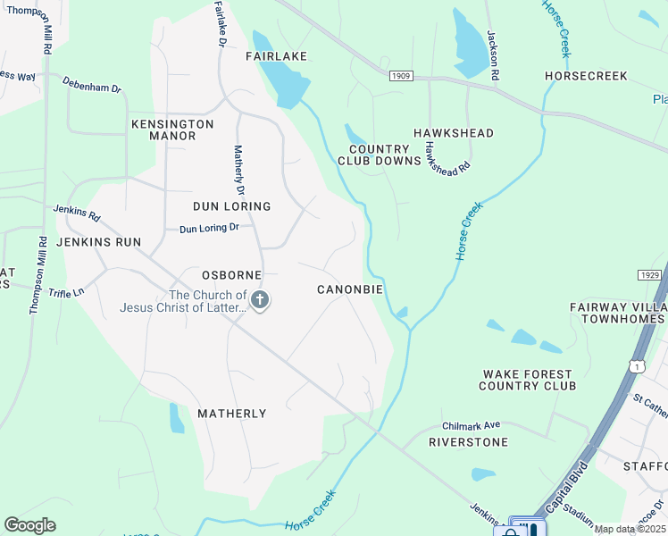 map of restaurants, bars, coffee shops, grocery stores, and more near 2409 Canonbie Lane in Wake Forest