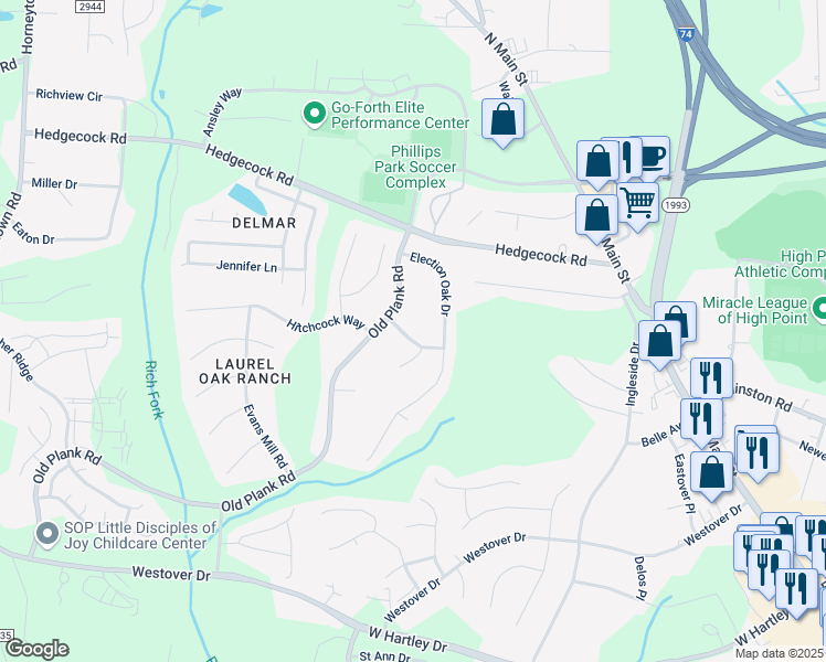 map of restaurants, bars, coffee shops, grocery stores, and more near 6100 Old Plank Road in High Point
