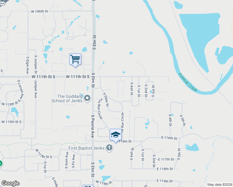 map of restaurants, bars, coffee shops, grocery stores, and more near 345 West 113th Street in Jenks