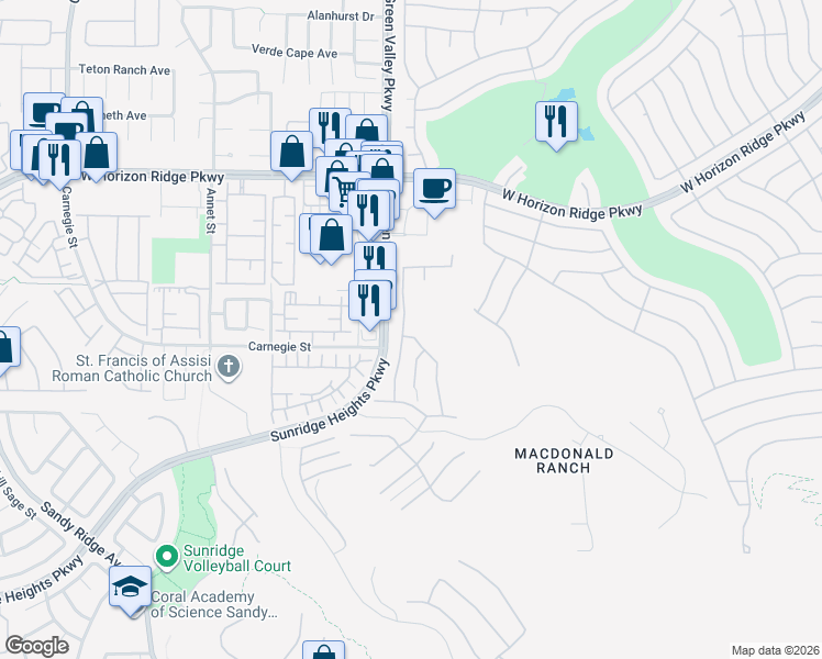 map of restaurants, bars, coffee shops, grocery stores, and more near 746 Horizon Canyon Drive in Henderson